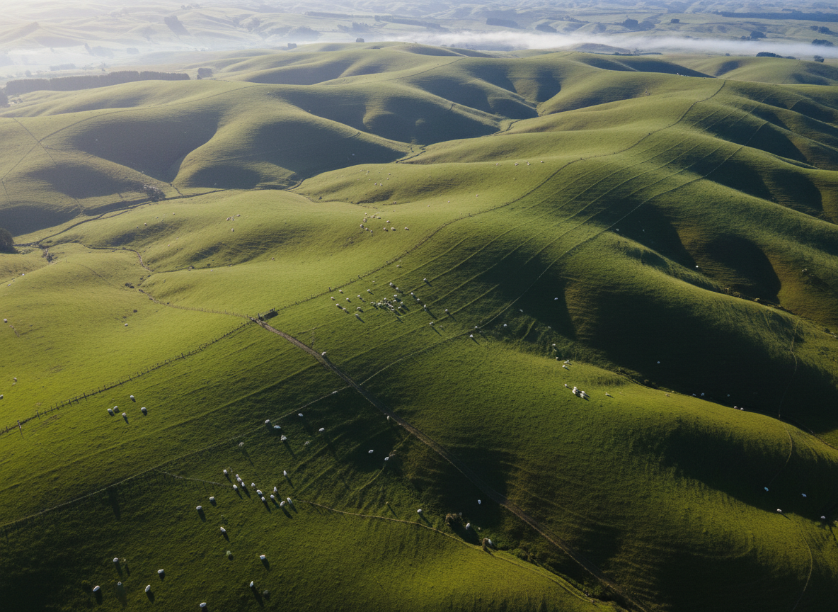 Aerial view of steep New Zealand hill country pastoral farmland with gullies and fence lines