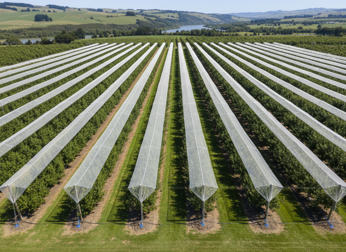 Aerial top-down view of a New Zealand orchard with rows of trees under canopy netting